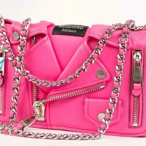 Moschino Neon Pink Shoulder Bag with Silver Chains